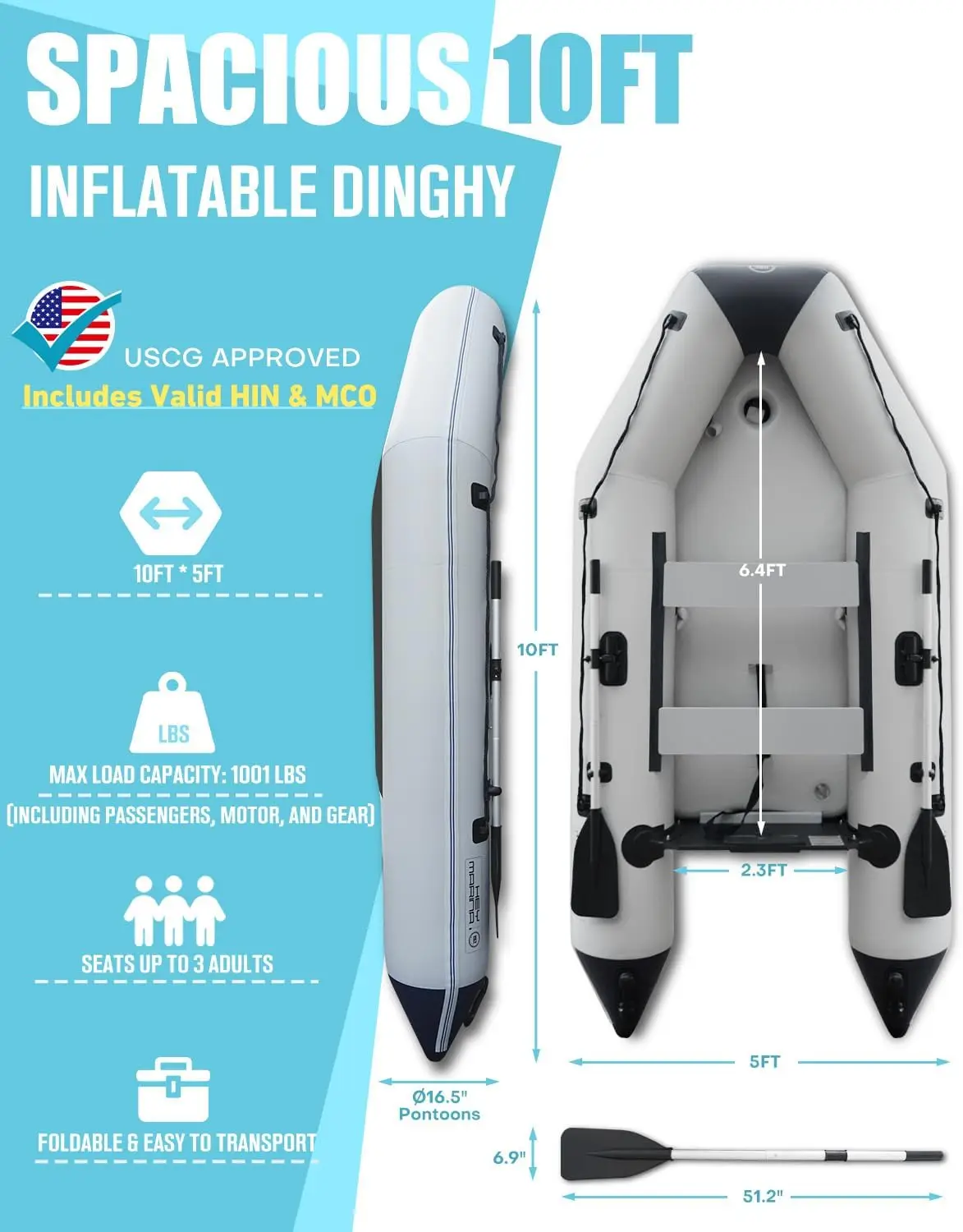 ^For 10ft Inflatable Dinghy Boat for Adult with Drop Stitch Floor 3 4 Person Inflatable Raft with Oars Carry Bag Heavy Duty Moto