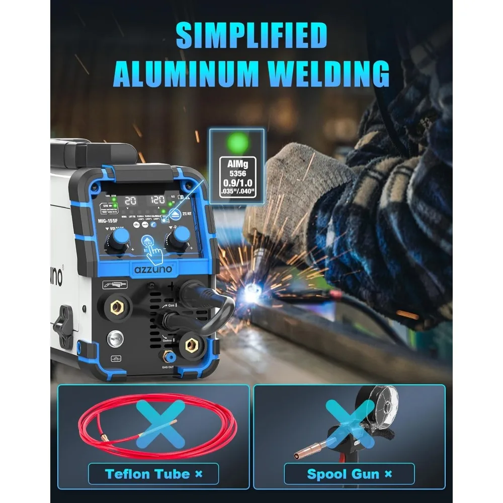 AZZUNO Aluminium 155A MIG-lasapparaat 110V / 220V, 5-in-1 MIG-lasmachine met fluxkern MIG / gas MIG / aluminium MIG / Stick / Lift TIG Wel