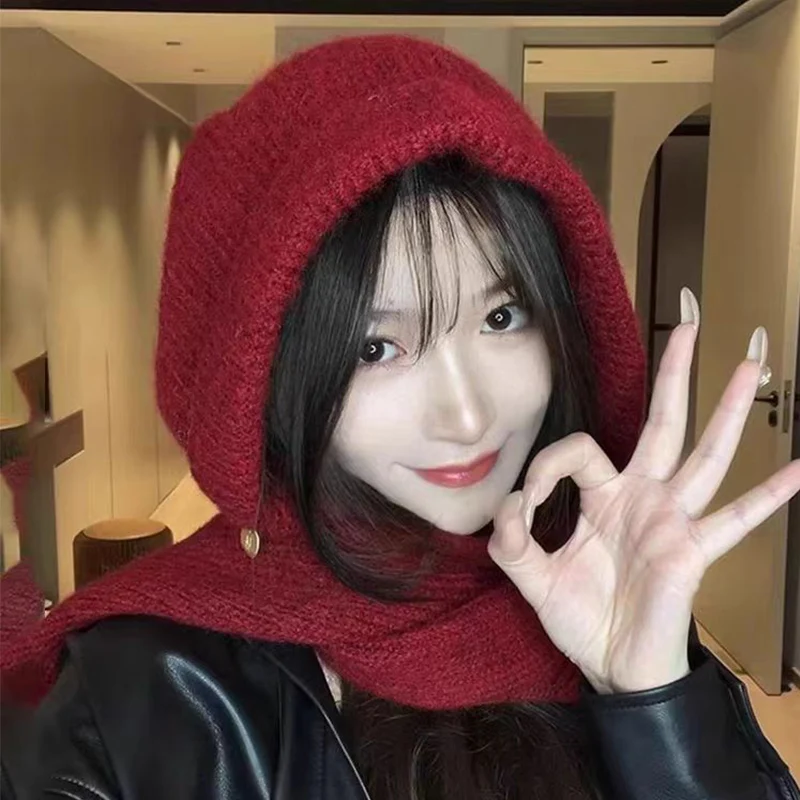 Red Knitted Hooded Caps for Women Balaclava Hats Winter Windproof Warm Unisex Neck Cover Scarf Cap One-piece Ski Beanies
