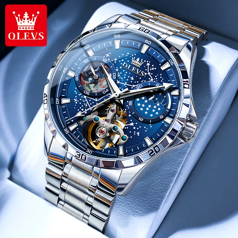 OLEVS 6689 Men\'s Automatic Watch Skeleton Multifunctional Starry Sky Stainless Steel Leather Watchband Luxury Dress WristWatch