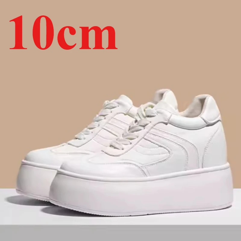 White Shoes for Women's 12cm Elevator Shoes Outdoor Platform Chunky Sneakers Genuine Leather Thick-soled Height Increasing Shoes