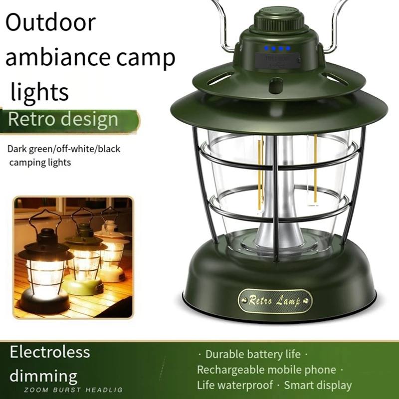 Retro lanterna ao ar livre multi-função barraca de acampamento luz inteligente carregamento usb lanterna portátil casa luz de acampamento