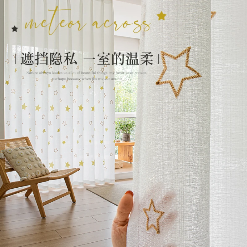 2024 New White Embroidered Embroidery Curtain Star Blackout Fantasy Curtains Translucent Impenetrable Balcony Bay Window Drapes