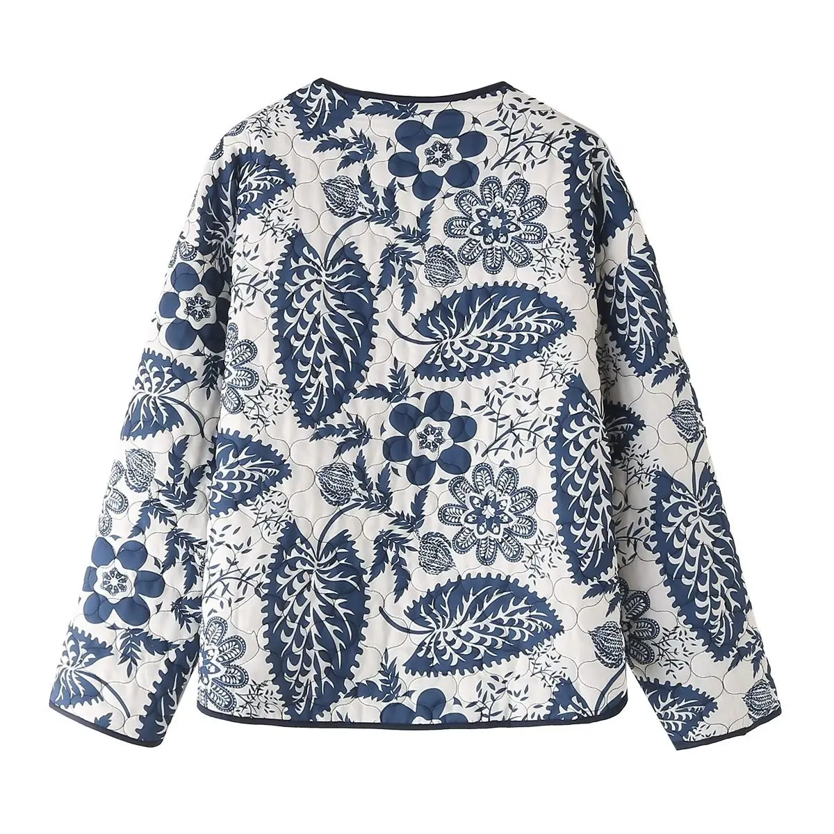 2023 Winter Collarless Blue White Flower Print Quilted Coat Ethnic Women Quilting Full Sleeve Loose Jacket Retro Outerwear