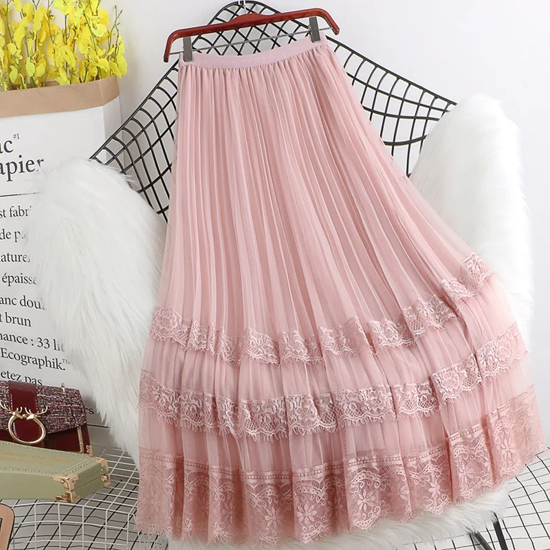 Female 6 Colors 3 Layers Fashion Lace HollowTulle Long Skirts Lining Mesh Lace Kawaii Harajuku Dance Bridesmaids Skirt