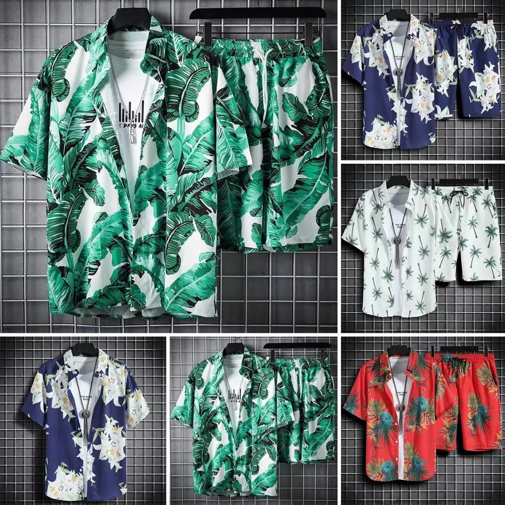 

Hawaiian Style Shirt Shorts Set Loose Fit Outfit Tropical Leaves Print Hawaiian Shirt Shorts Set with Elastic Drawstring for Men