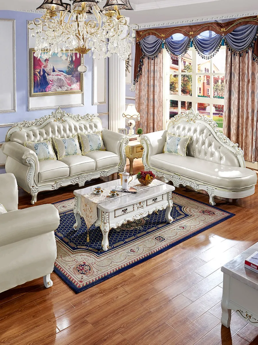 European-style leather sofa, living room size, apartment type, L corner, palace solid wood, , cowhide, Jane European suit