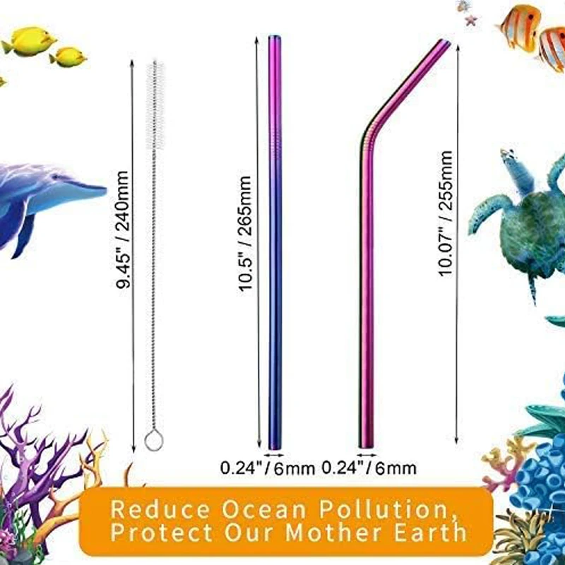 Set of 4 Reusable Metal Straws Rainbow Color, Long Stainless Steel Straw with Cleaning Brushes-2 Straight 2 Bent+1 Brush