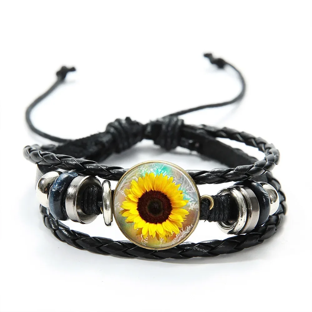 Fashion Jewelry Leather Bracelet Sunflower Glass Pendant Leather Bracelet Woven Handpiece A Great Gift