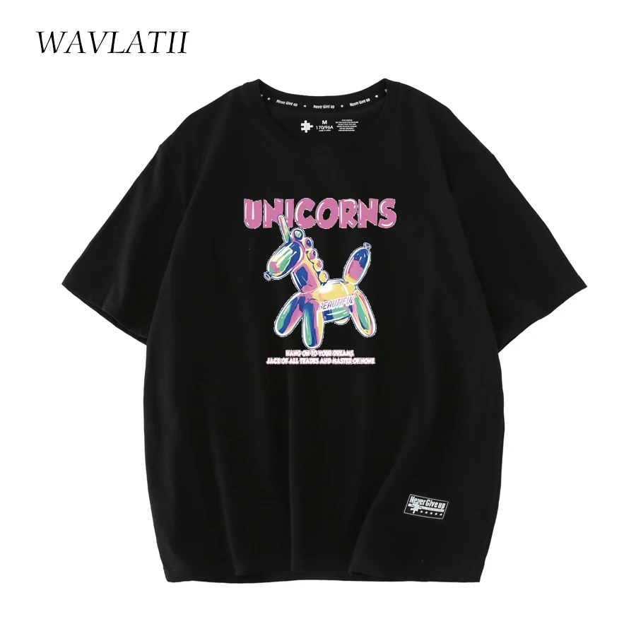 WAVLATII New 2023 Women Sweet Printed T Shirts Female White Black Soft Thick Cotton Summer Tees Lady Short Sleeve Tops WT2231