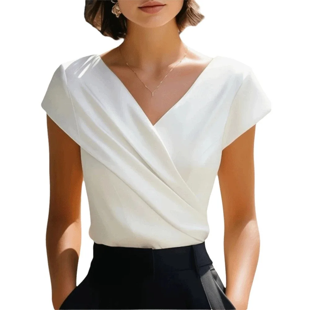 

Fashion Short Sleeve V-Neck Wrap Top Pleated V-neck Slim Fit Crop Tops Summer Ladies' Shirt Business Casual