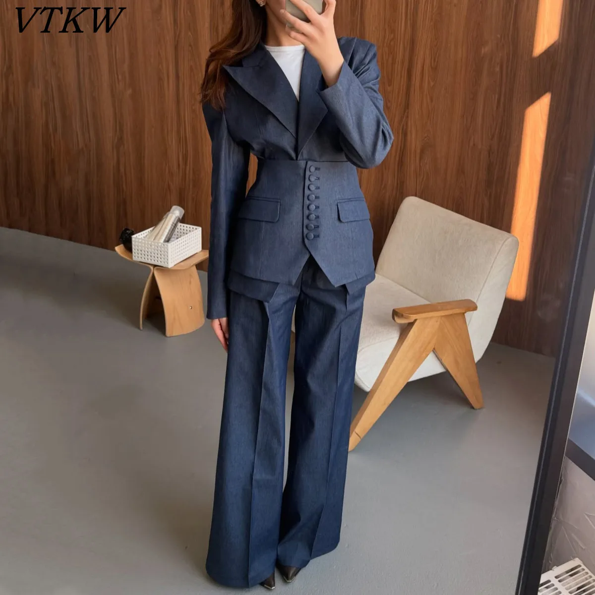 

VTKW 2026 Denim Blue Lapel Waist Cinched Single Breasted Blazer Wide Leg Pants Three Piece Set Women Tailored Slim Fit Elegant