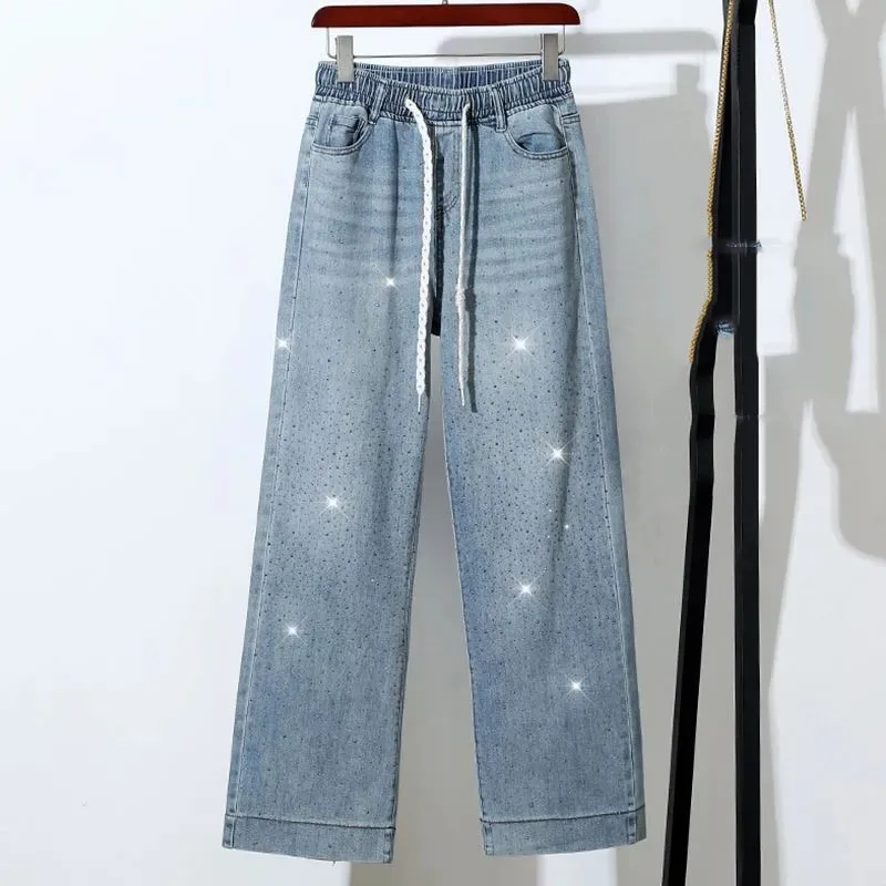 Large size Women's Jeans Spring Summer Hot Stamping Diamond Starry Print Jeans Women loose Casual Jeans Straight leg long Pants
