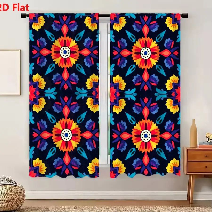 2Pcs Curtains 2D Flat Vibrant Navy Blue Floral Kaleidoscope Pattern With Yellow Orange Red Teal And Purple Geometric Motifs Wind