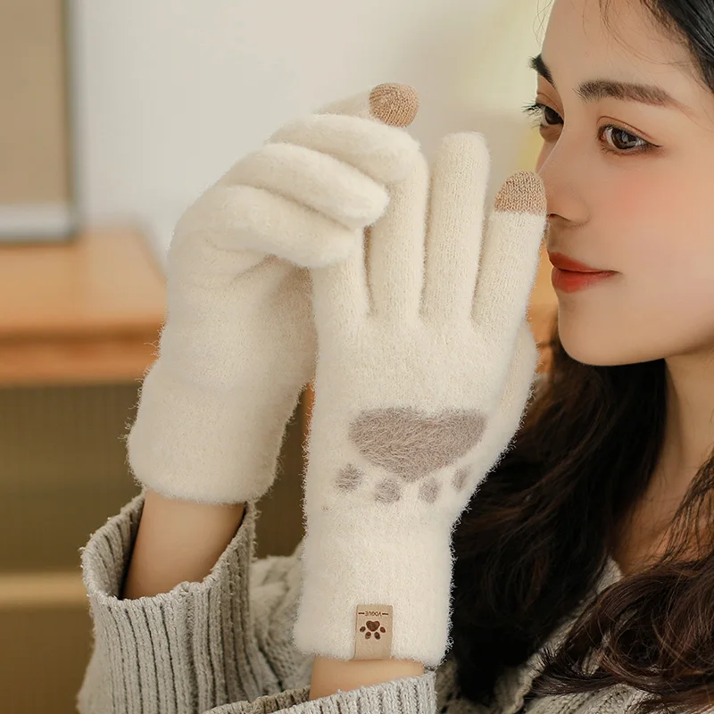 

Fashion Cat Paw Printing Gloves Mobile Phone Touchscreen Knitted Gloves Winter Thick； Warm Adult Soft Fluffy Gloves Men's Women