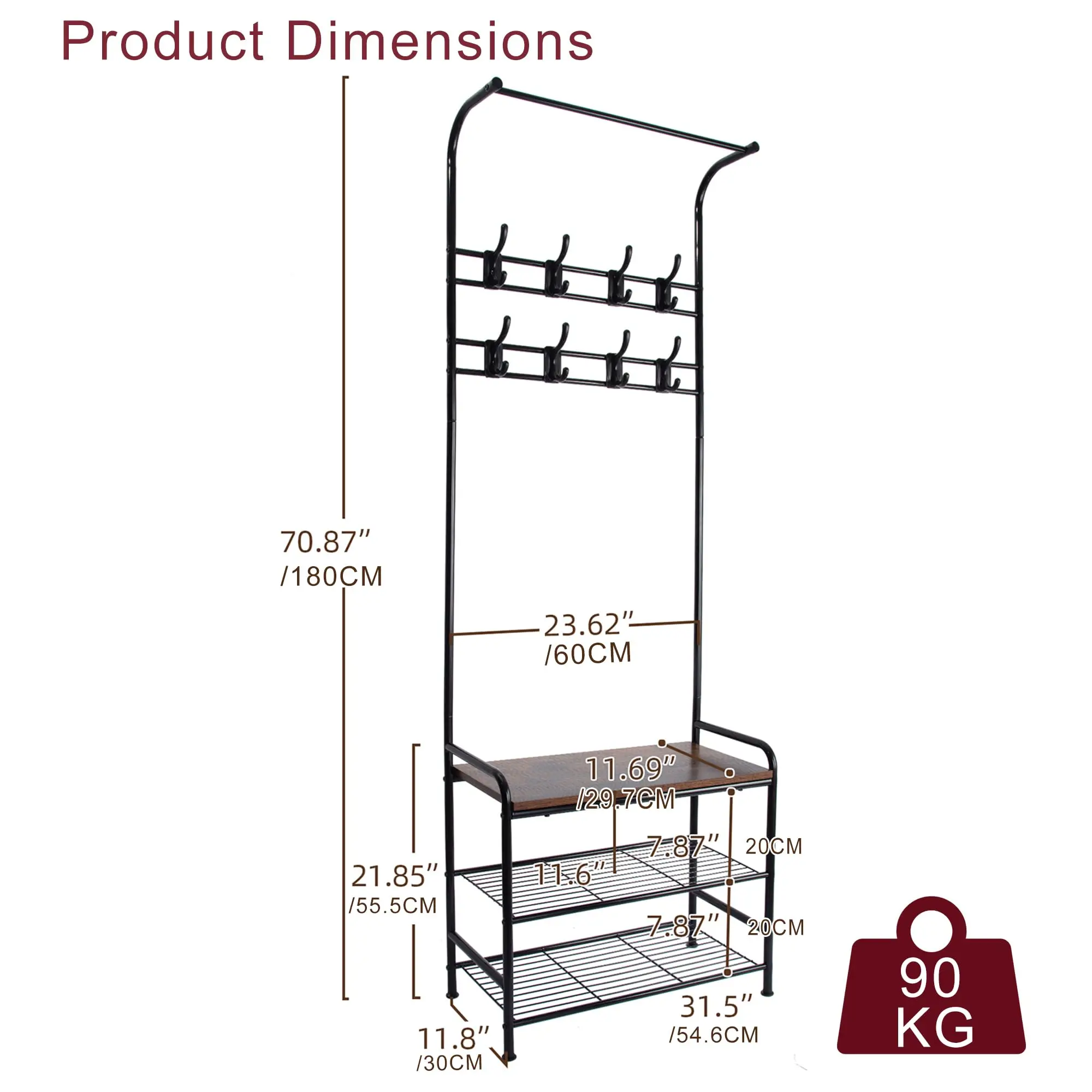 Wardrobe hanger with shoe cabinet, 4 in 1,metal clothes hanger with 3 shelves and 8 double hooks, stable for hallway,living room