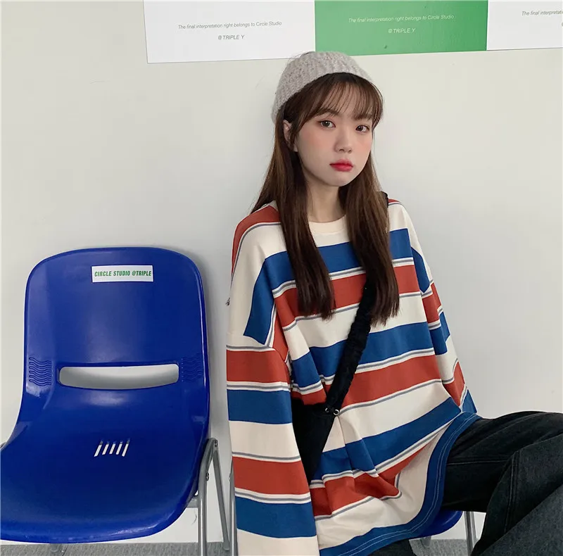 Striped T Shirt for Women 2026 Fall Winter Thin Loose Fit Long Sleeve Rainbow Stripe Casual Blouse Tee Top Plus Size Streetwear
