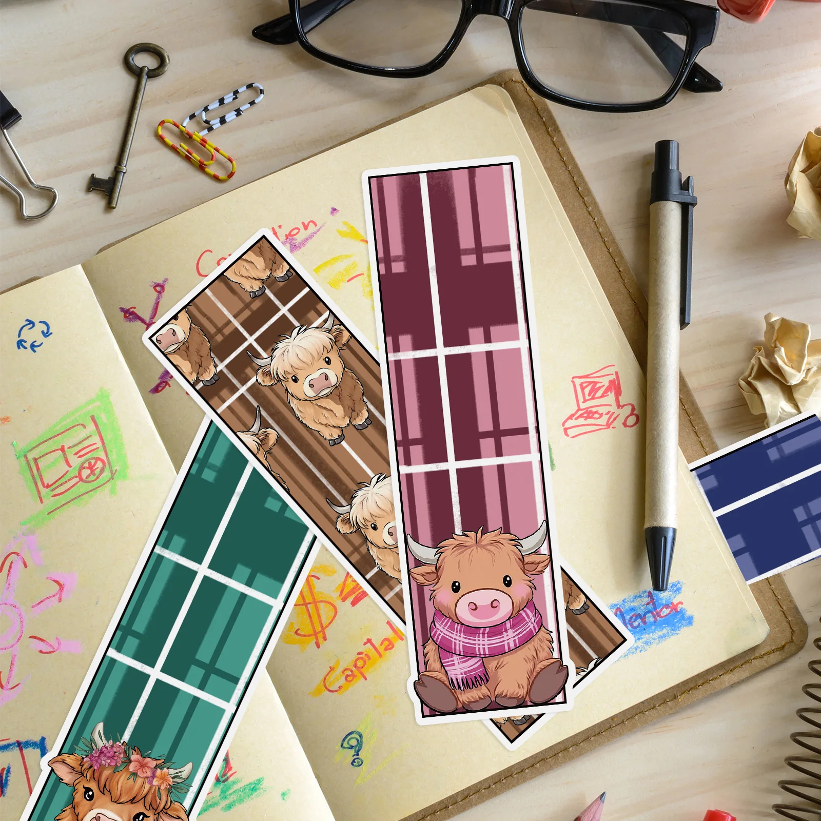 

30PCS Highland Cattle Grid Bookmarks Graffiti Book Color Waterproof Home School Stationary Reading Supplies Office Bookmark