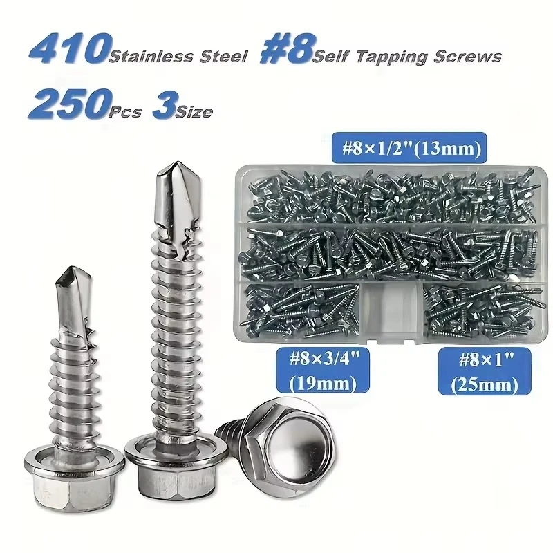 250pcs Stainless Steel #8 Self-Tapping Screw Assortment Set, Fully Threaded Round Head Hex Screws with Hex Nut Sleeve.