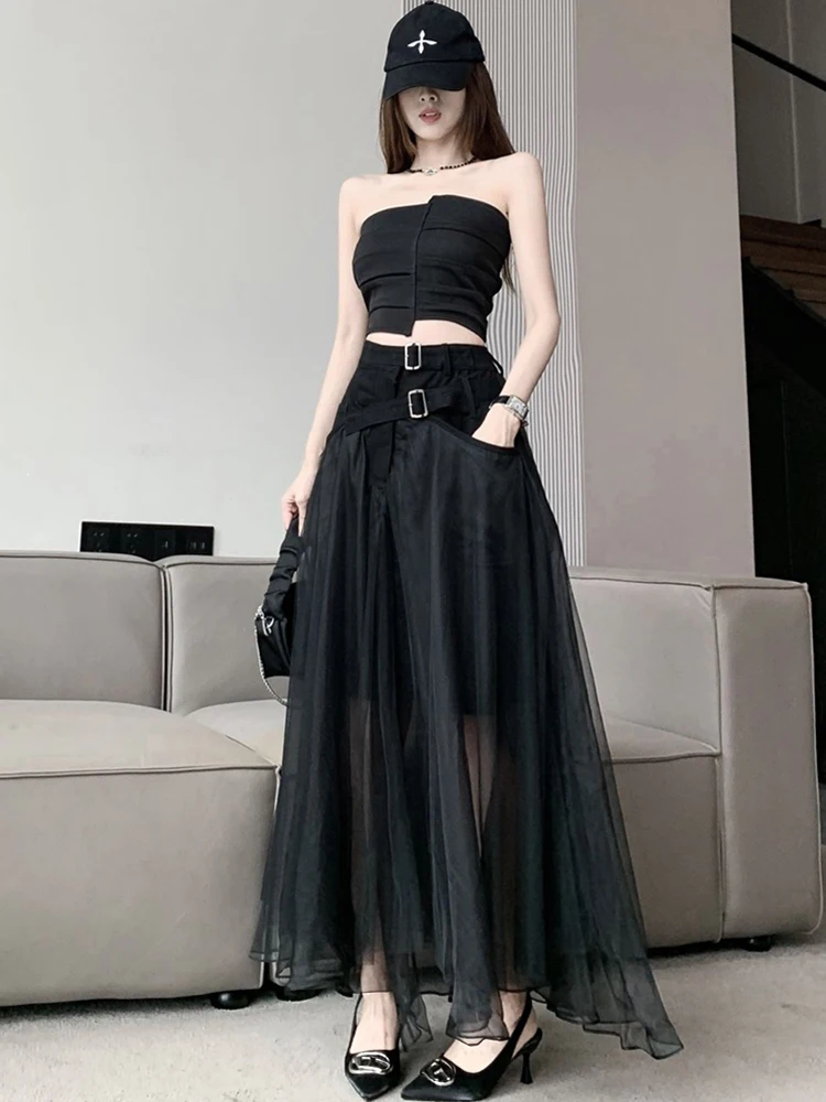 Patchwork Belt Mesh Skirts For Women High Waist Minimalist Summer Solid Skirt Female Fashion Style Clothing 2024