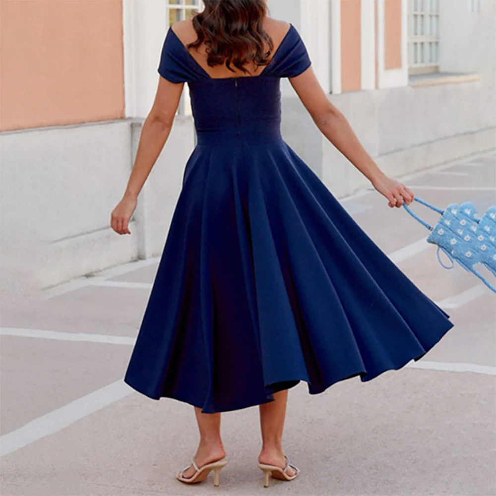 Новое вечернее платье с открытыми плечами, трапециевидное платье для выпускного вечера с короткими рукавами, плиссированное свадебное платье для гостей, вечернее коктейльное платье длиной до чая