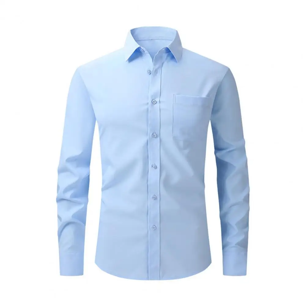 Camisa de vestir de primavera y otoño para hombre, camisa de negocios Formal de longitud media con solapa, ajustada, elástica, de un solo pecho, de manga larga, Color sólido