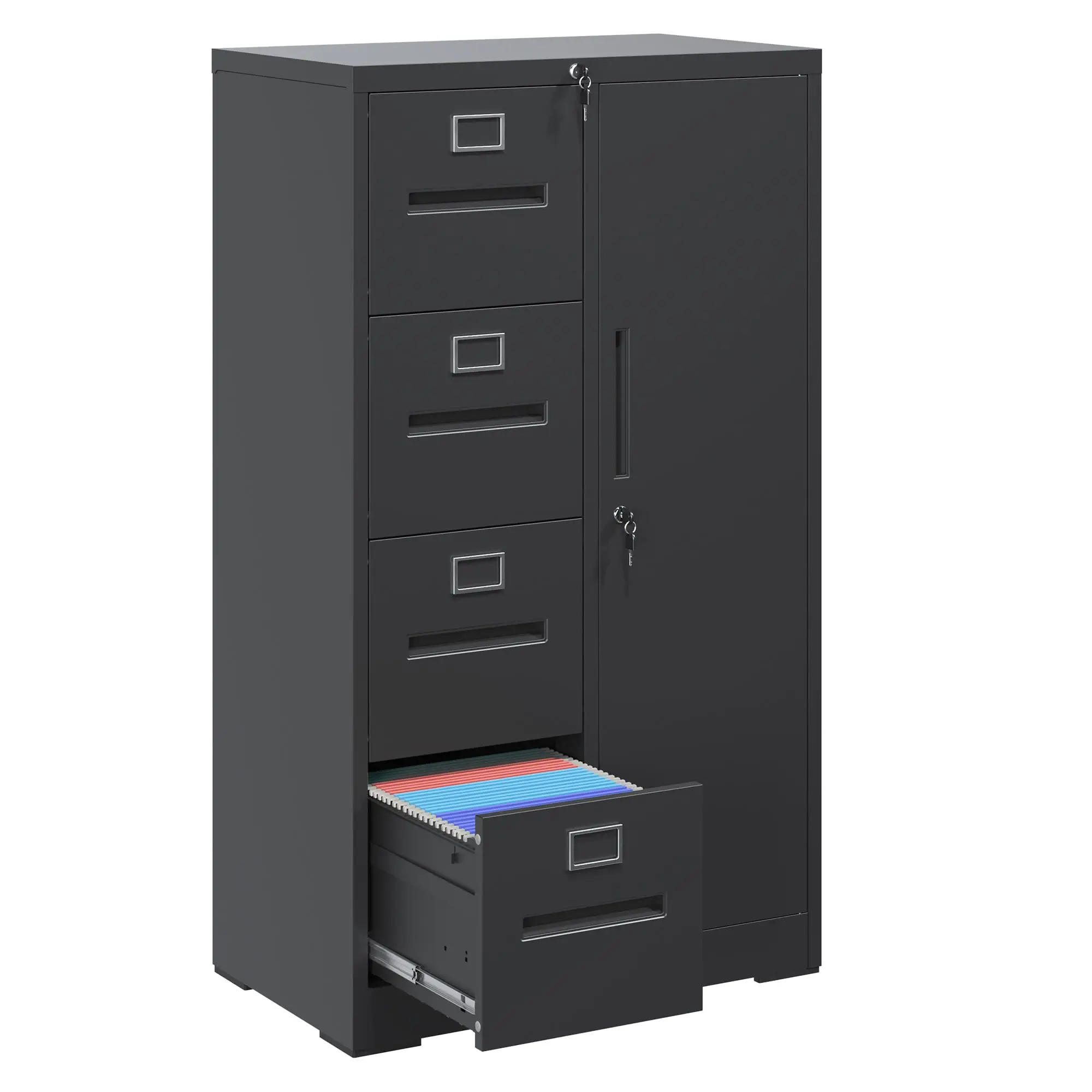 4 Drawer File Cabinet with Lock & 1 Door, Metal Storage Unit with Shelves and Hanging Rod, Vertical Filing Cabinet for