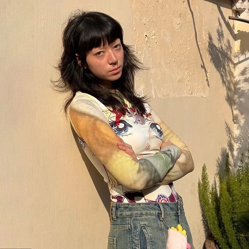 Deeptown Japanese Style Anime Print T-shirt Y2k Harajuku 2000s Long Sleeve Tees Vintage Kawaii Cartoon Slim T Shirt Aesthetic