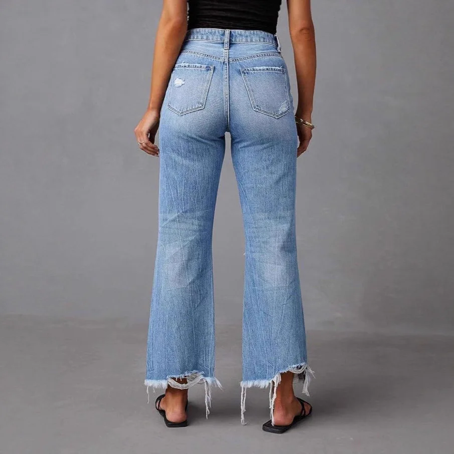 Women Light Blue Hole Tassels High Waist Straight Wide Leg Simple Basic Jeans Pants American Style Fashion Female Denim Trousers