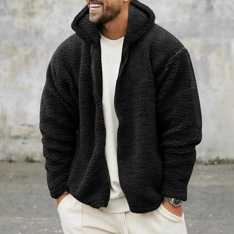 2025 New Solid Color Versatile Jacket Men's Autumn and Winter Double-sided Velvet Warm Jacket Amazon Loose Hooded Casual Jacket