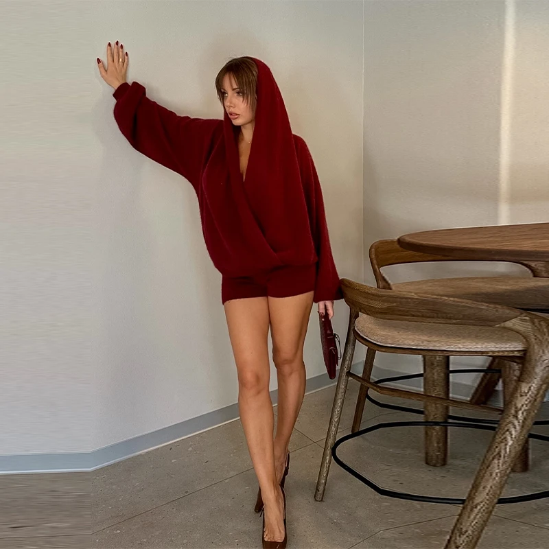 Sexy Gebreide Shorts Set Vrouwen Diepe V-hals Oversize Losse Hoodie Tops Mini Korte Broek Past 2025, Nieuwe Mode Dame Tweedelige Sets
