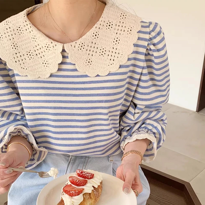 Preppy Style T Shirts Peter Pan Collar Puff Sleeve Striped Patchwork Design Tops Tees for Women Casual Loose All Match Clothing