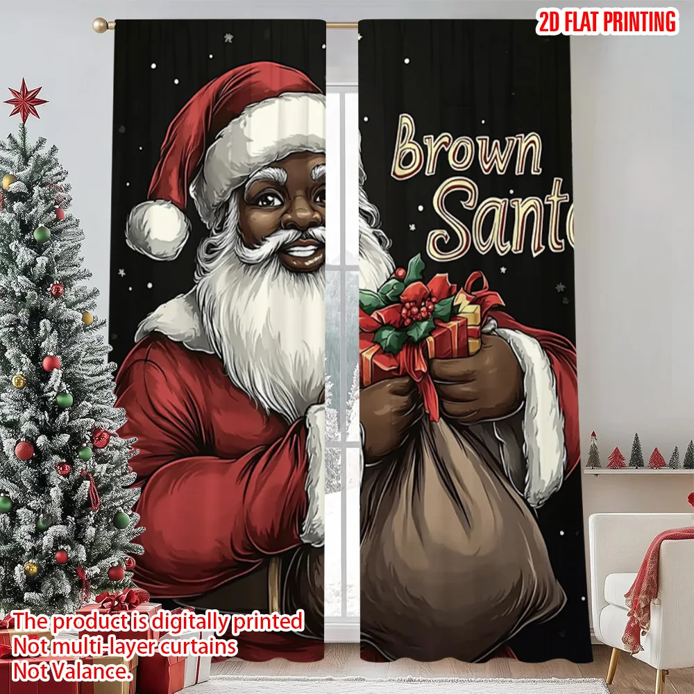 

2pcs 2D flat printing Christmas Scene Curtain Black Santa Claus Versatile Fabric Without Electricity Festive Wall Decor Use for