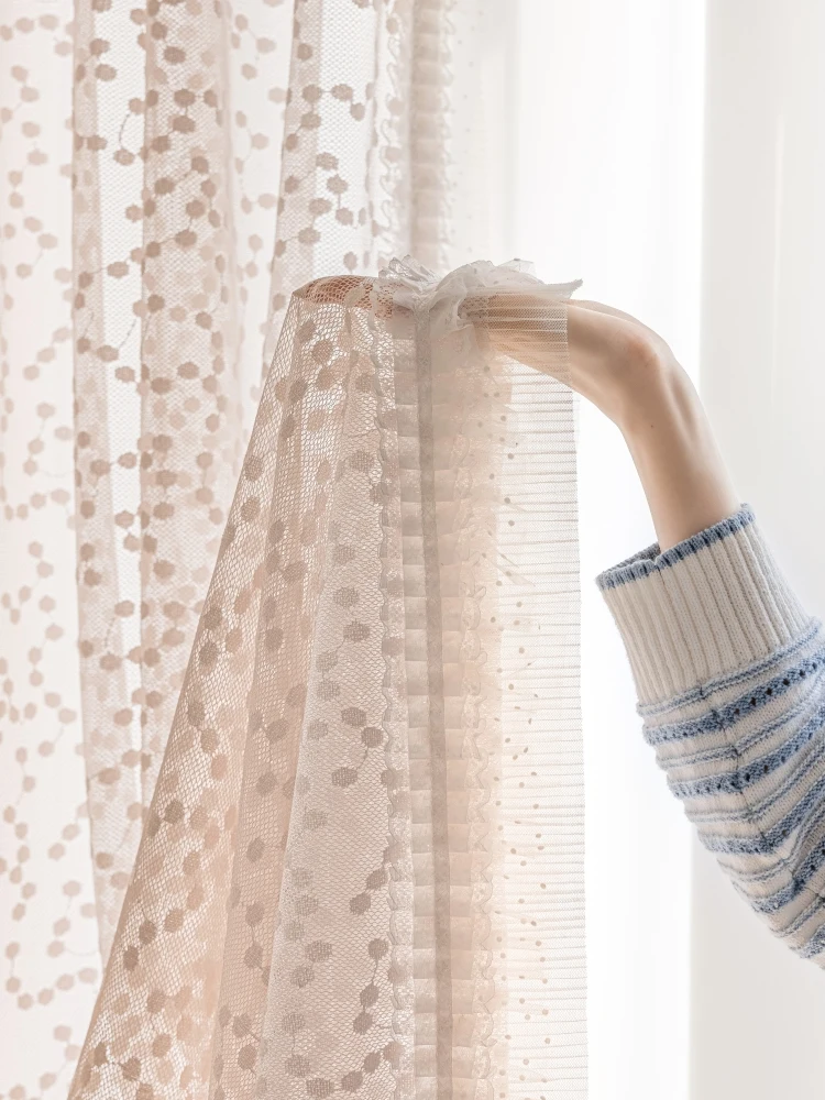 Apricot Polka Dot Korean Cream Style Jacquard Lace Curtains for Living Room Bedroom Girls Room Princess Style Customize