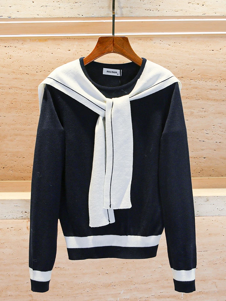 Miumem Navy Collar Knitted Sweater Women's Top with Belt Autumn Winter College Sle Long Sve Regular Fit Commute Sle