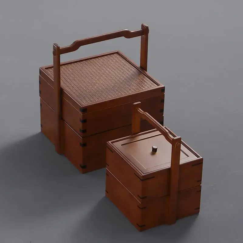 صندوق طعام صيني عتيق بطبقة مزدوجة من الخيزران، نزهة محمولة، سلة من الخيزران، دعائم تلفزيون لفيلم الفندق الشعبي #5