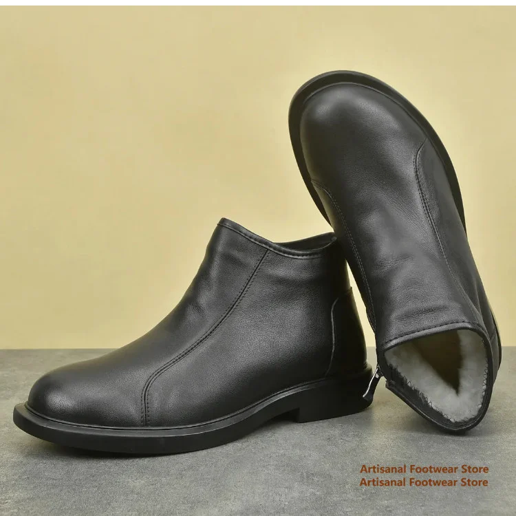 Men's Black Leather Ankle Boots Winter Thick Faux Fur Lined Side Zipper Anti-Slip Thick Sole Warm Boots Trendy Men's Snow Boots