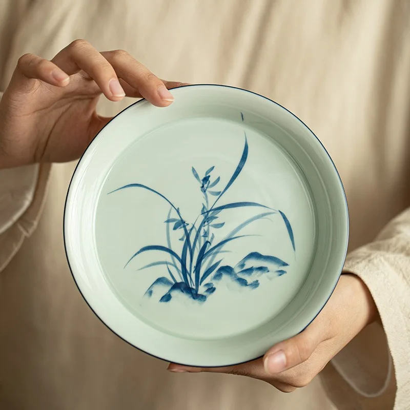 

1PC Jingdezhen Ancient Blue Glazed Blue and White Hand-painted Orchid Pot Bearing Tea Tray Dry Brewing Tray Ceramic Dim Sum Tray