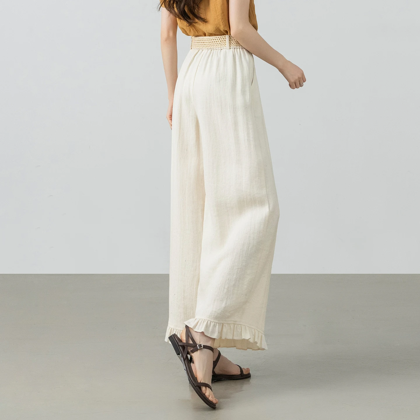 SENTUBILA Women's Casual Pant Fashion Color Contrast Detachable Belt Ruffle Hem Summer Loose Pleated Wide Leg Trousers 162KD7099
