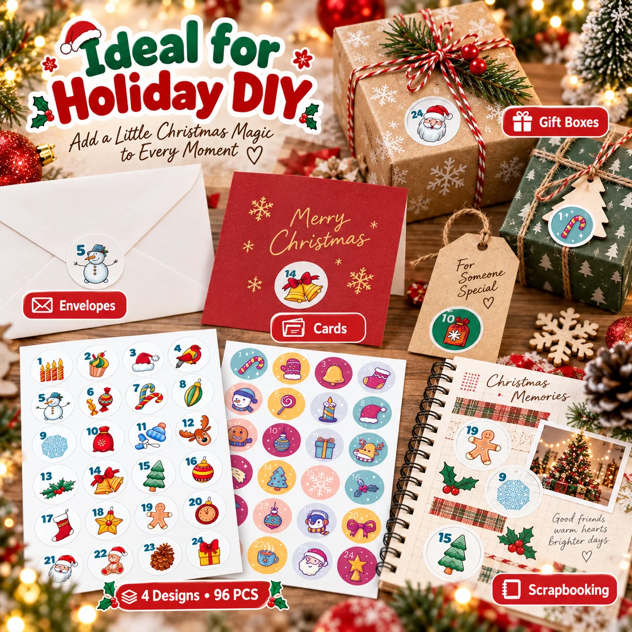Vintage Christmas Round Stickers 96pcs Advent Calendar Number Stickers For Gift Box Decoration Diy Scrapbooking Craft Supplies