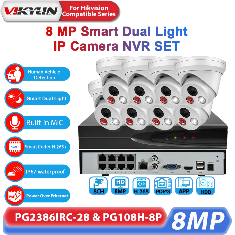 Vikylin 4K 8MP Smart Dual-Light Human Vehicle Detection IP Camera NVR Kit 8POE 8CH Network Video Recorder CCTV Security System