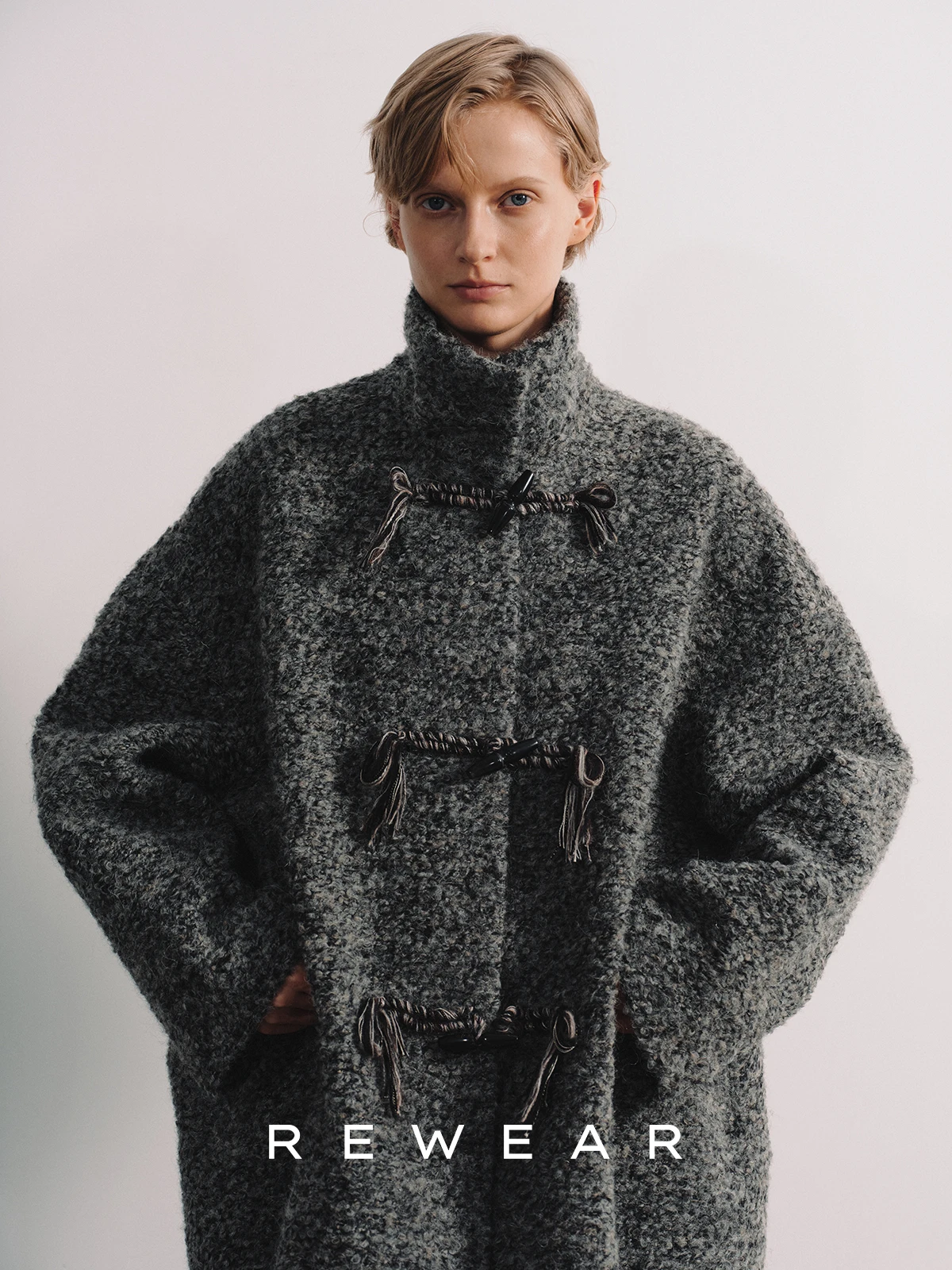 

REWEAR Vintage Sle Alpaca Wool Houtooth Texture Stand Collar Button Coat Outerwear Thi Winter Women's Faion