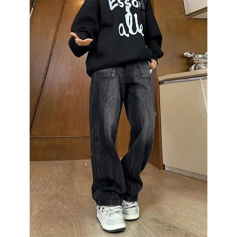 

Black Grey Lightning Pattern Men's Jeans High Street Trend Loose Wide Leg Straight Tube Workwear Pants Cotton Polyester Blend