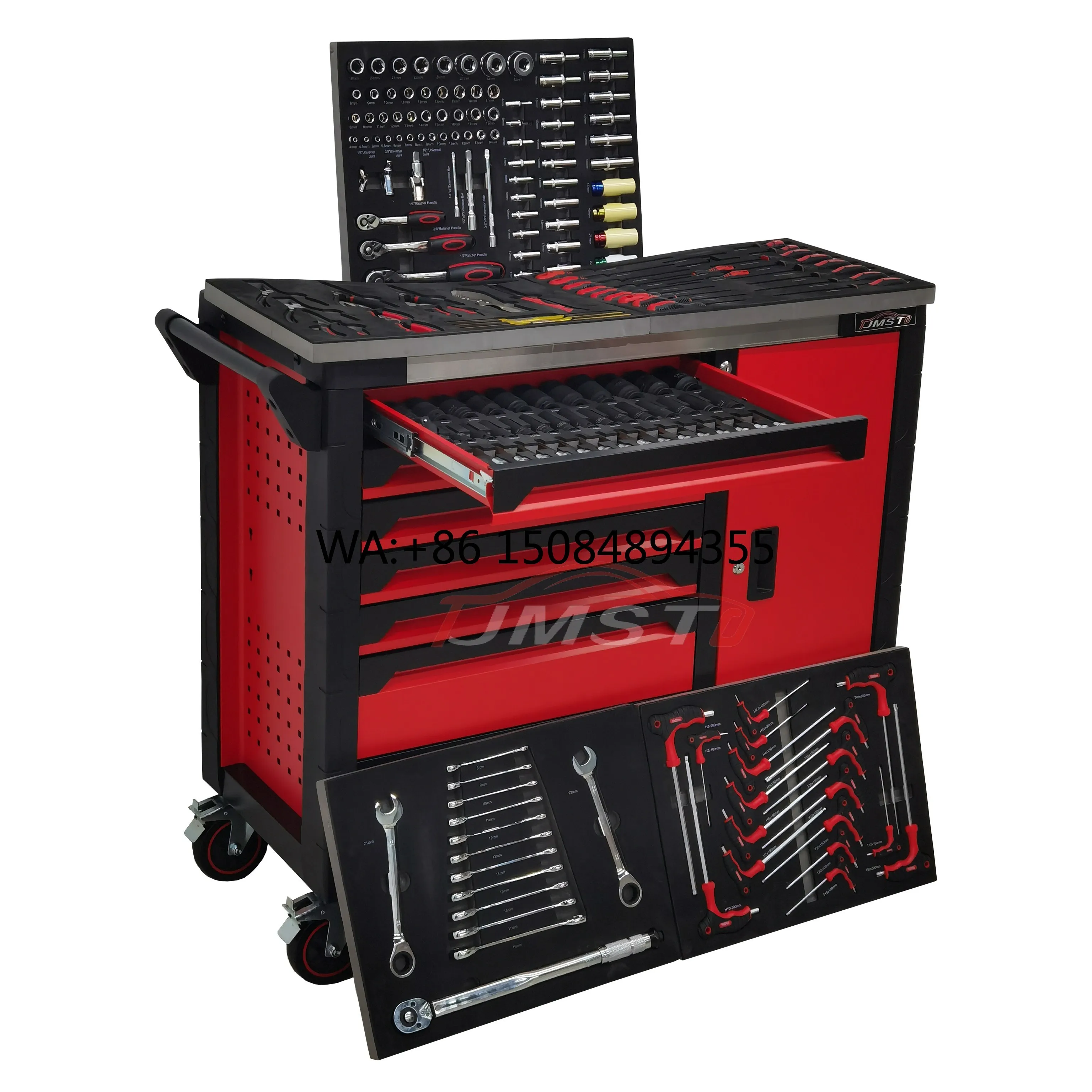 JMST Red 200PCS Hand Tool Set with CRV Material Wheeled Tool Cabinet Trolley for Car Repair OEM Available