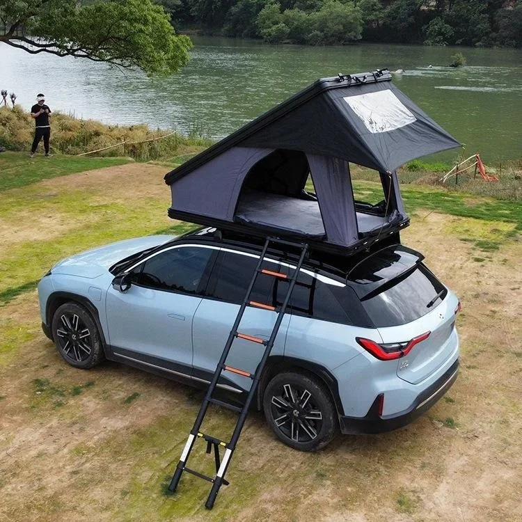 Outdoor self driving camping roof tent with large black glue aluminum shell triangular roof tent inside