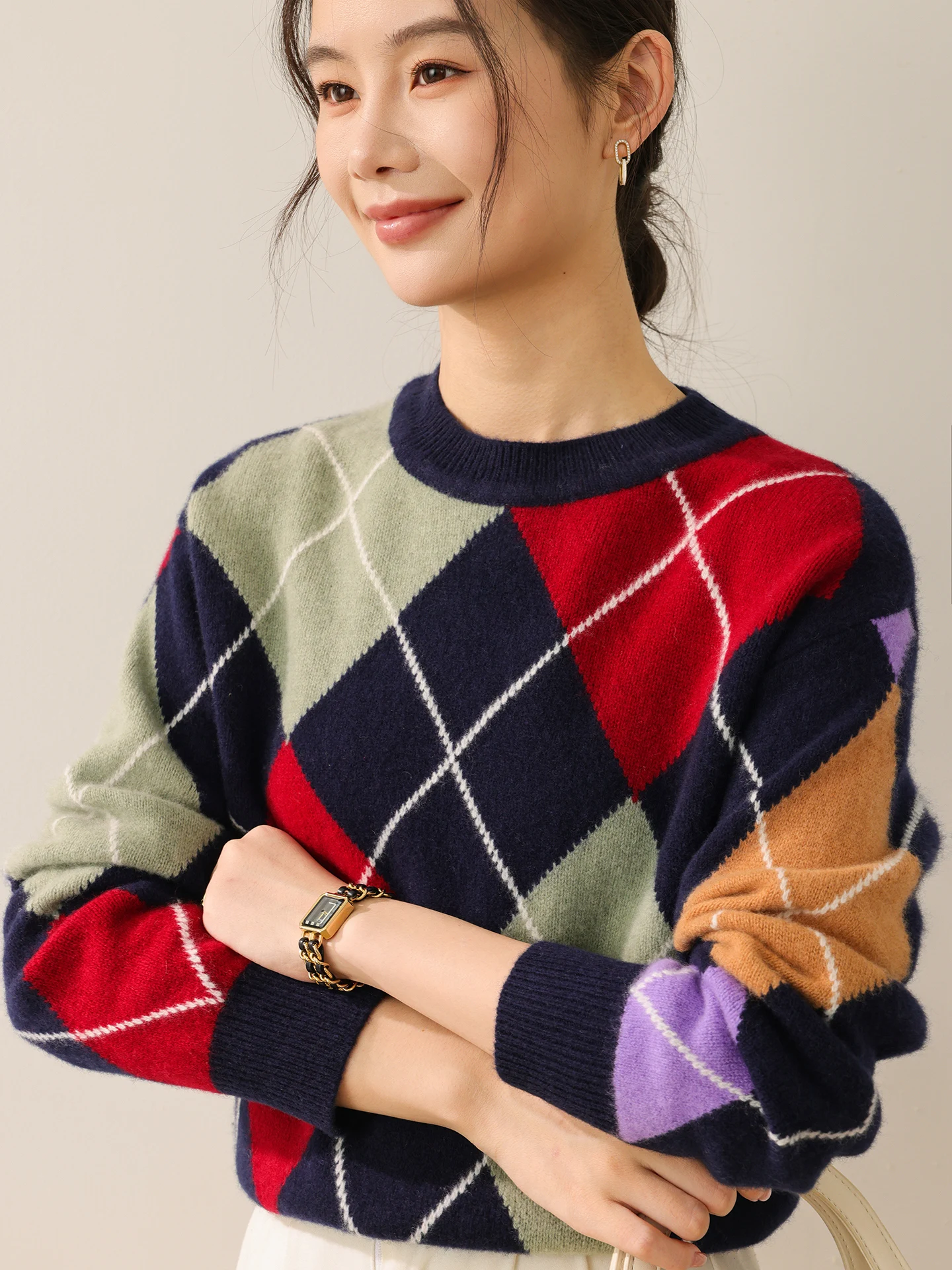 

Толстый пуловер из 100% мериносовой шерсти для женщин, с круглым вырезом, в стиле колор-блок, вязаный свитер с ромбовидным узором, осенне-зимний модный повседневный мягкий топ