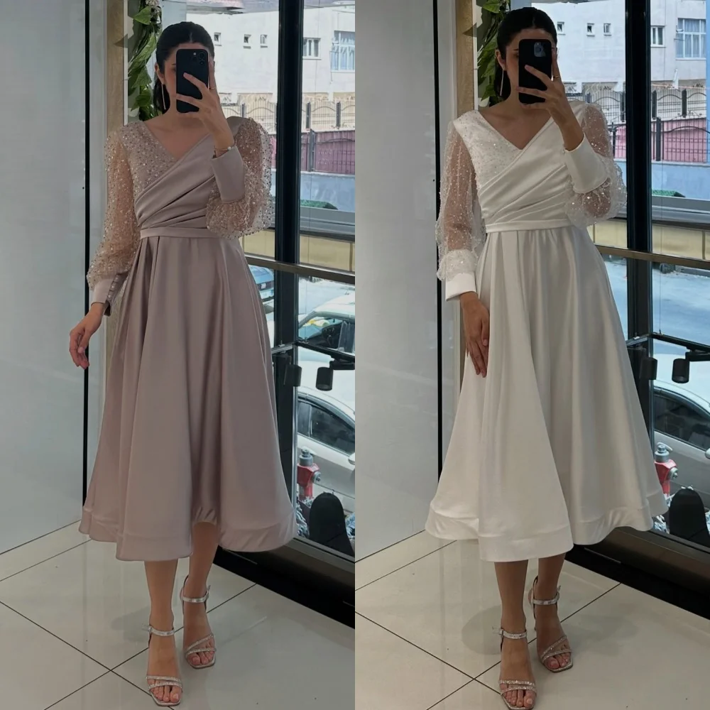 

Customized Sparkle Modern Style Draped Beading Sequined Sash A-line V-neck Midi Dresses Bespoke Occasion Dresses Sizes Available