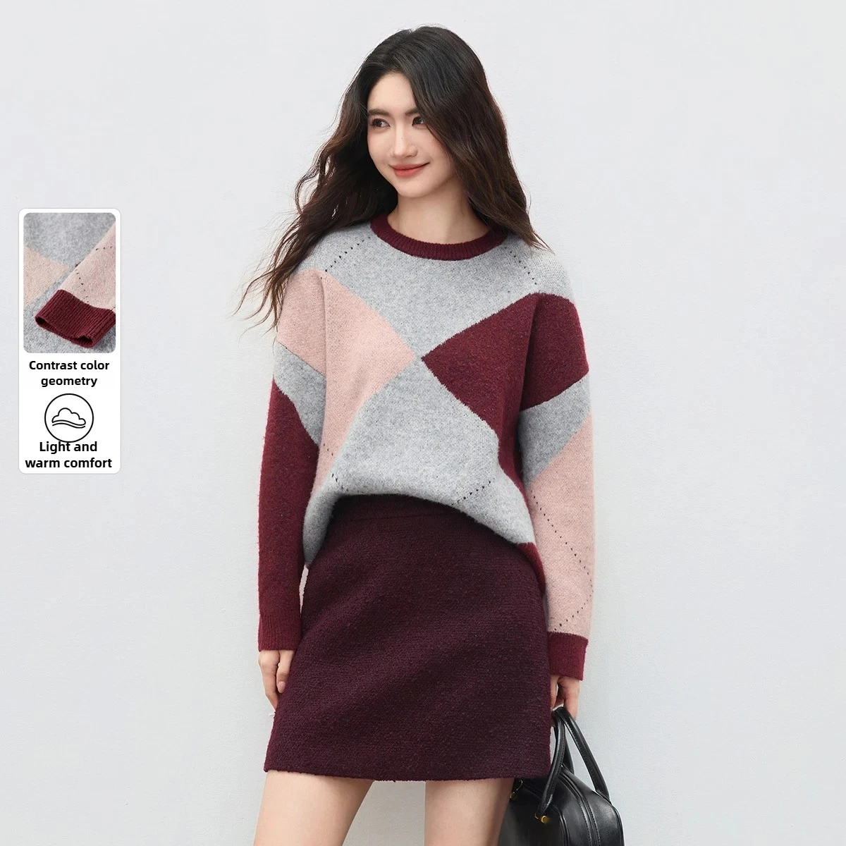 

SENTUBILA Women's Wool Blend Sweater 2025 Autumn Color Block Design Crew Neck Knitwear Warm Loose Fit Knit Pullover W54ED3765
