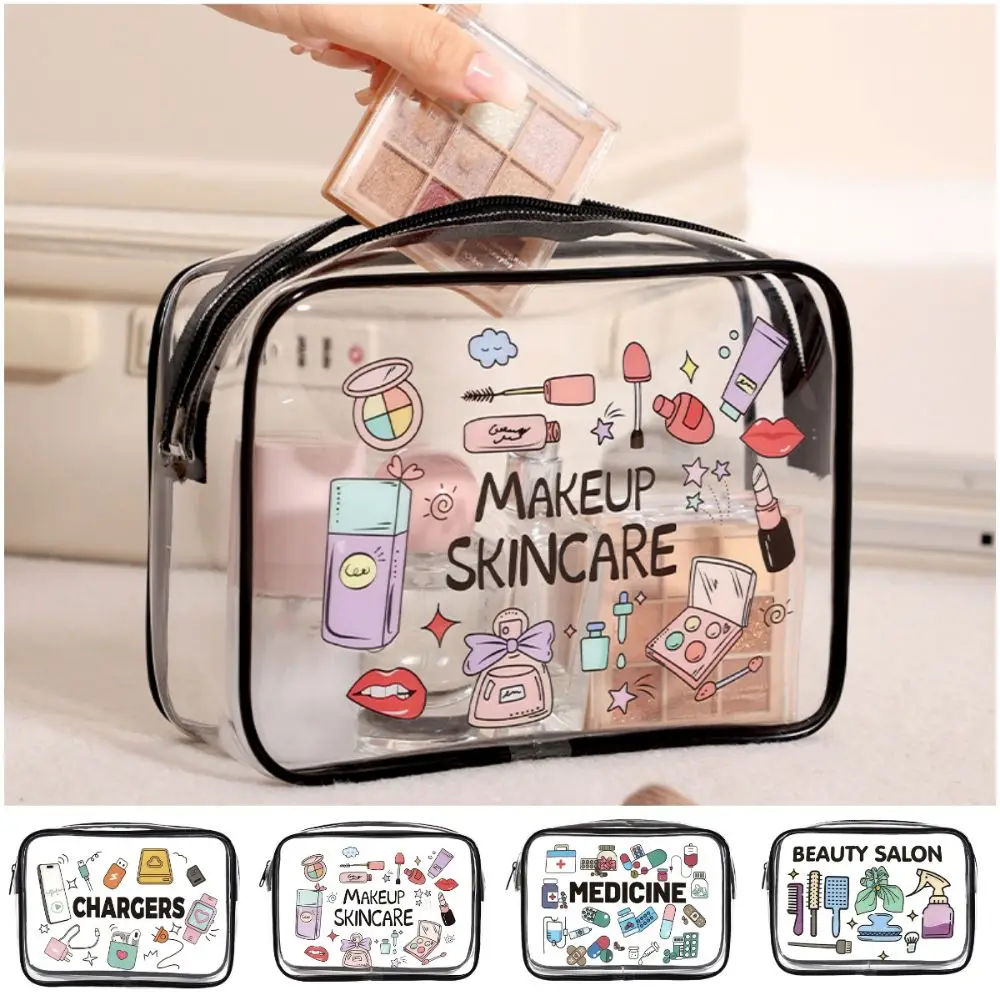 Transparent Makeup Bag Large Capacity Multi-functional Drastring Storage Bag Cartoon Pattern Travel Organizer Unisex