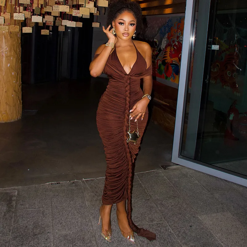 

Sexy Off Shoulder Bodycon Maxi Dress Woman Evening Celebrity Halter V-neck Ruched Elastic Night Club Party Long Dresses Robes